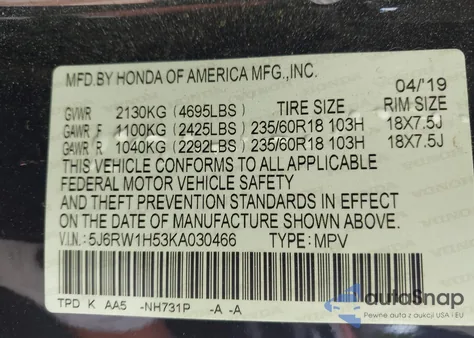 2019 Honda Cr-V Ex from USA, damaged, VIN 5J6RW1H53KA030466